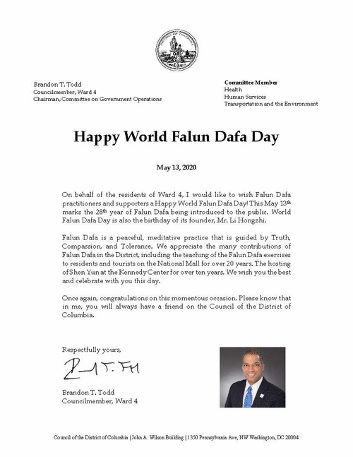 Image for article Washington D.C. Konsey Üyesi Dünya Falun Dafa Gününü Tanıdı