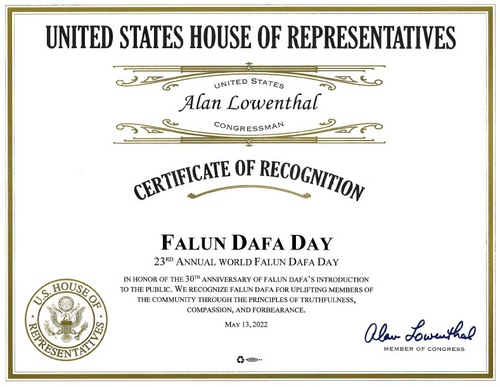 Image for article Güney Kaliforniya, ABD: Seçilmiş Yetkililer, Falun Dafa Günü Onuruna Sertifikalar ve Bildiriler Yayınladı
