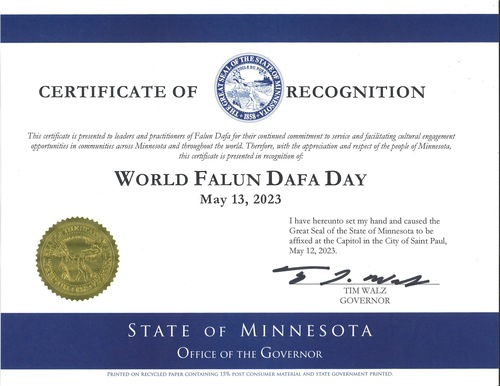 Image for article Minnesota, ABD: Dünya Falun Dafa Günü Anısına Sertifika ve Bildiri Yayınlandı